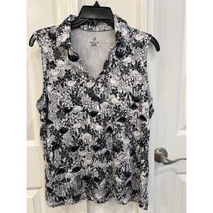 Emerald 18 Women's Sleeveless Golf Polo Sz Medium 1/4 Zip Black White Flamingos